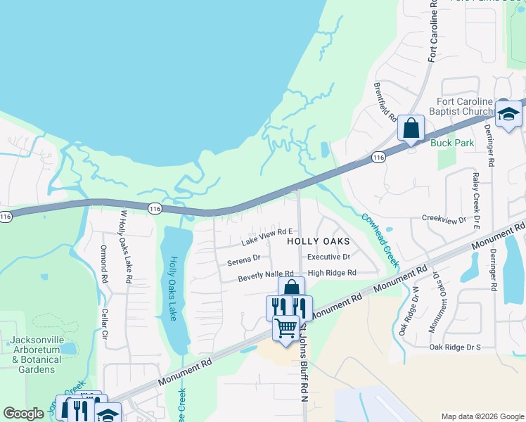 map of restaurants, bars, coffee shops, grocery stores, and more near 10606 Fort Caroline Road in Jacksonville
