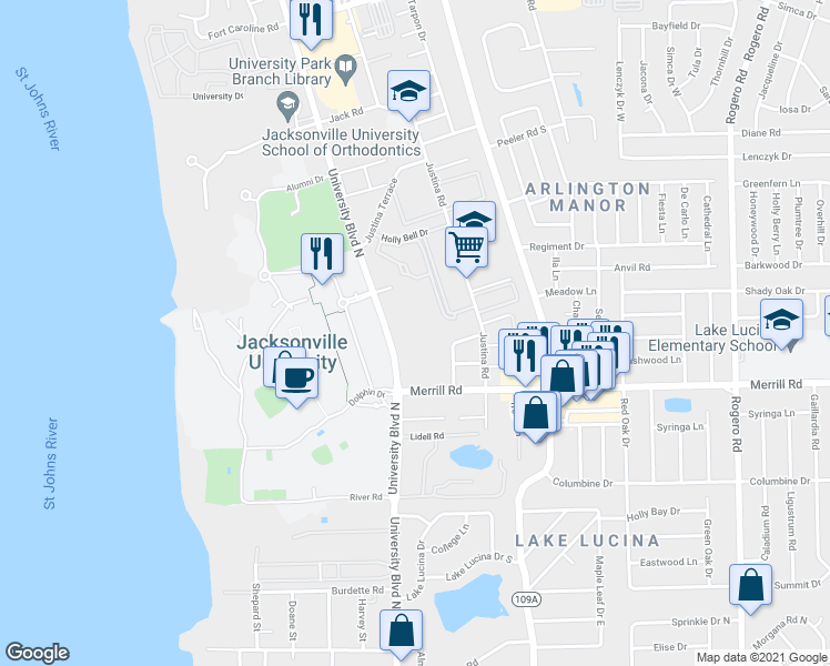 map of restaurants, bars, coffee shops, grocery stores, and more near 2933 University Boulevard North in Jacksonville