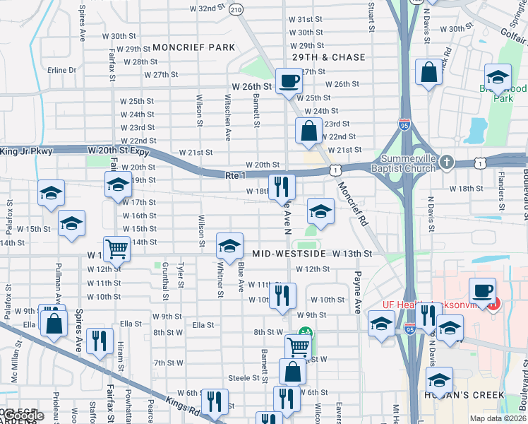map of restaurants, bars, coffee shops, grocery stores, and more near 1357 West 16th Street in Jacksonville