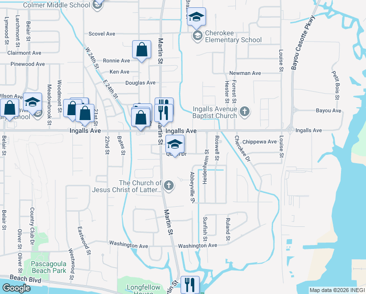 map of restaurants, bars, coffee shops, grocery stores, and more near 3713 Mercier Drive in Pascagoula