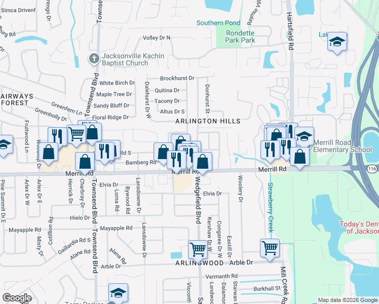 map of restaurants, bars, coffee shops, grocery stores, and more near 7619 Sandhurst Road East in Jacksonville