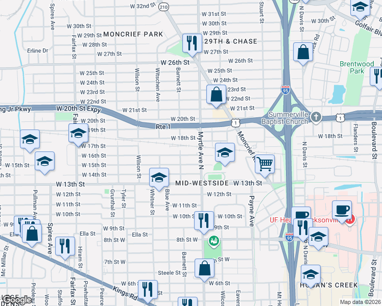 map of restaurants, bars, coffee shops, grocery stores, and more near 2616 Myrtle Avenue North in Jacksonville