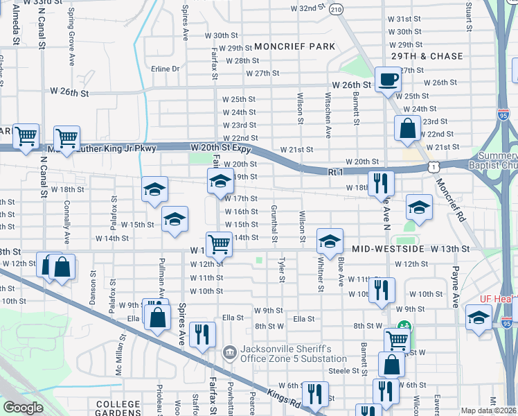 map of restaurants, bars, coffee shops, grocery stores, and more near 1644 West 17th Street in Jacksonville