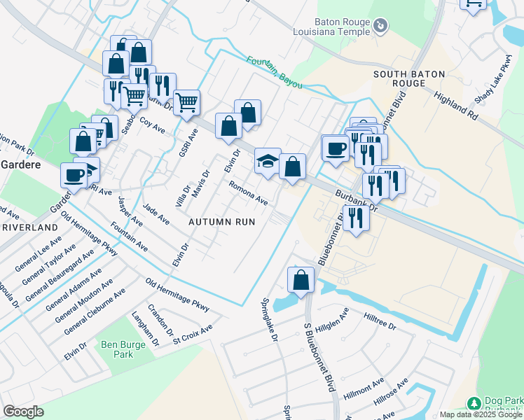 map of restaurants, bars, coffee shops, grocery stores, and more near 9135A Ridge Oak Drive in Baton Rouge