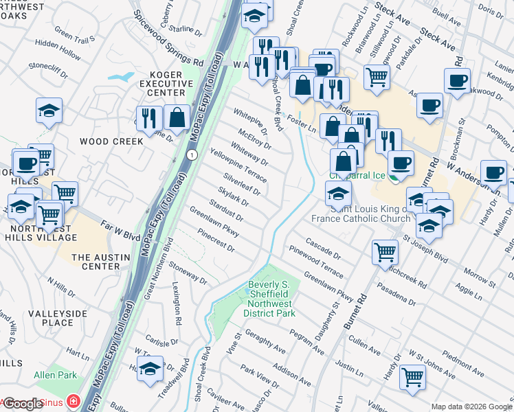 map of restaurants, bars, coffee shops, grocery stores, and more near 2904 Silverleaf Drive in Austin