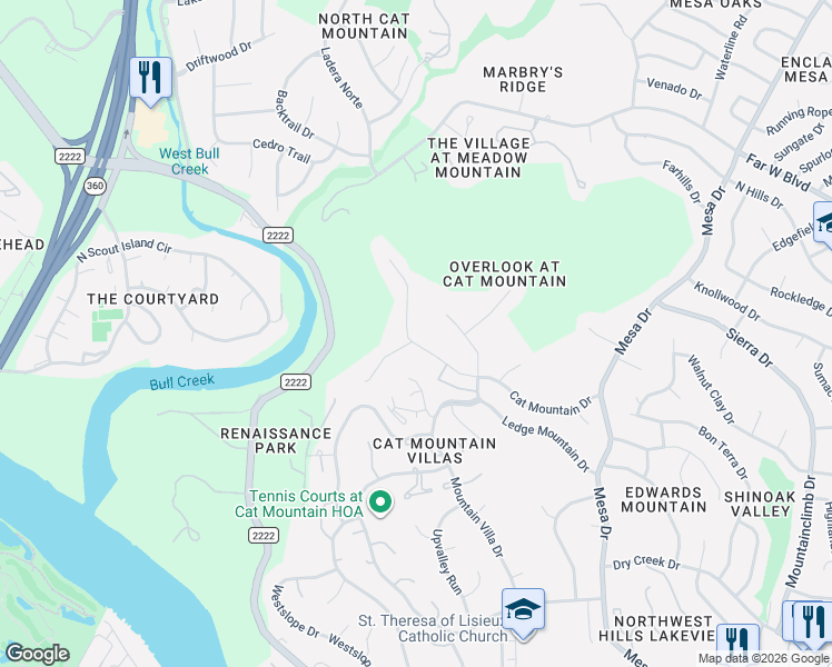 map of restaurants, bars, coffee shops, grocery stores, and more near 4700 Cat Mountain Drive in Austin