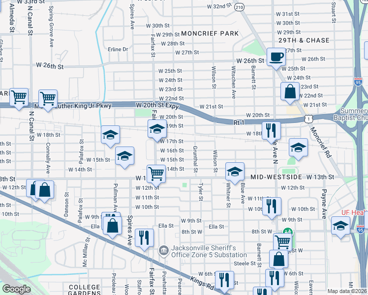 map of restaurants, bars, coffee shops, grocery stores, and more near 1644 West 17th Street in Jacksonville