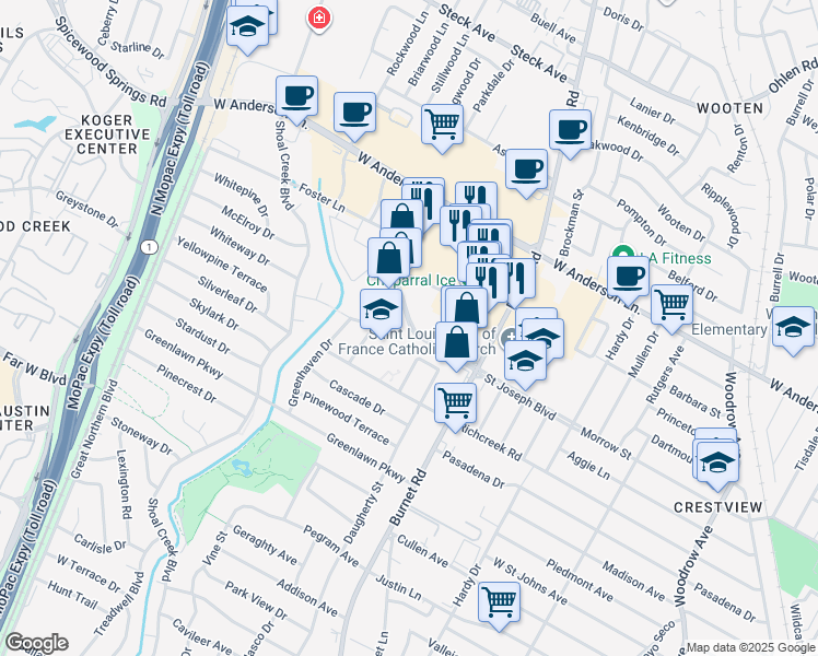 map of restaurants, bars, coffee shops, grocery stores, and more near in Austin