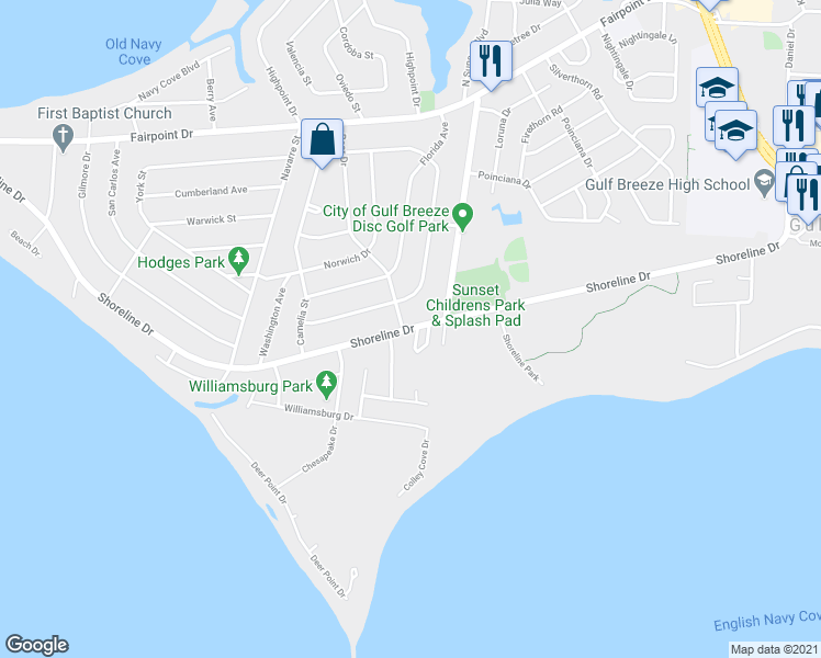 map of restaurants, bars, coffee shops, grocery stores, and more near 500 Shoreline Drive in Gulf Breeze