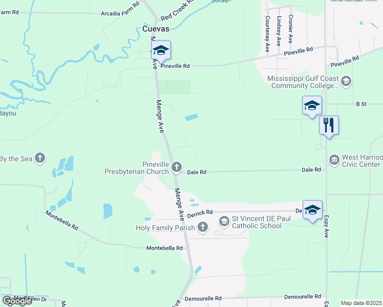 map of restaurants, bars, coffee shops, grocery stores, and more near 22383 Meadow Lark Drive in Pass Christian