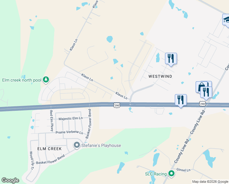 map of restaurants, bars, coffee shops, grocery stores, and more near 13340 Klaus Lane in Elgin