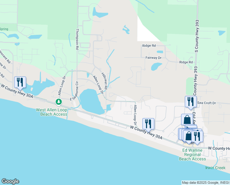 map of restaurants, bars, coffee shops, grocery stores, and more near 122 Masters Court in Santa Rosa Beach