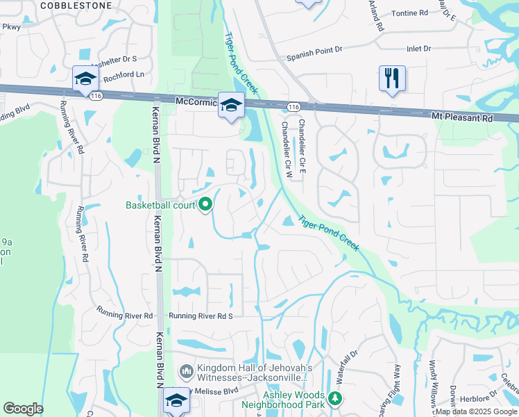 map of restaurants, bars, coffee shops, grocery stores, and more near 1649 Forest Creek Drive in Jacksonville