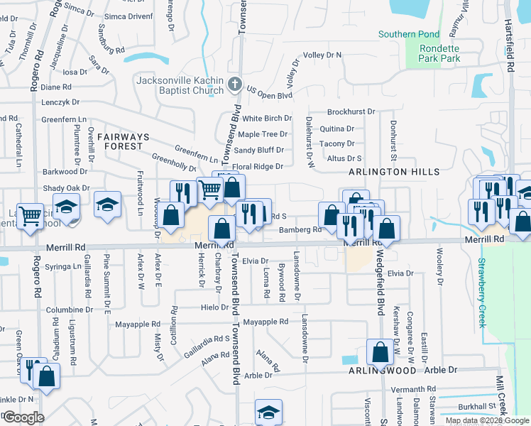 map of restaurants, bars, coffee shops, grocery stores, and more near 7256 Adele Court in Jacksonville