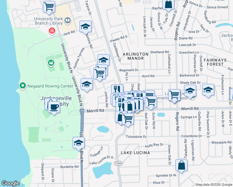 map of restaurants, bars, coffee shops, grocery stores, and more near 5824 Yellow Pine Court in Jacksonville