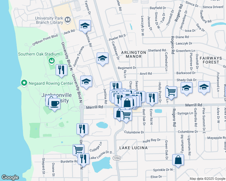 map of restaurants, bars, coffee shops, grocery stores, and more near 5824 Yellow Pine Court in Jacksonville
