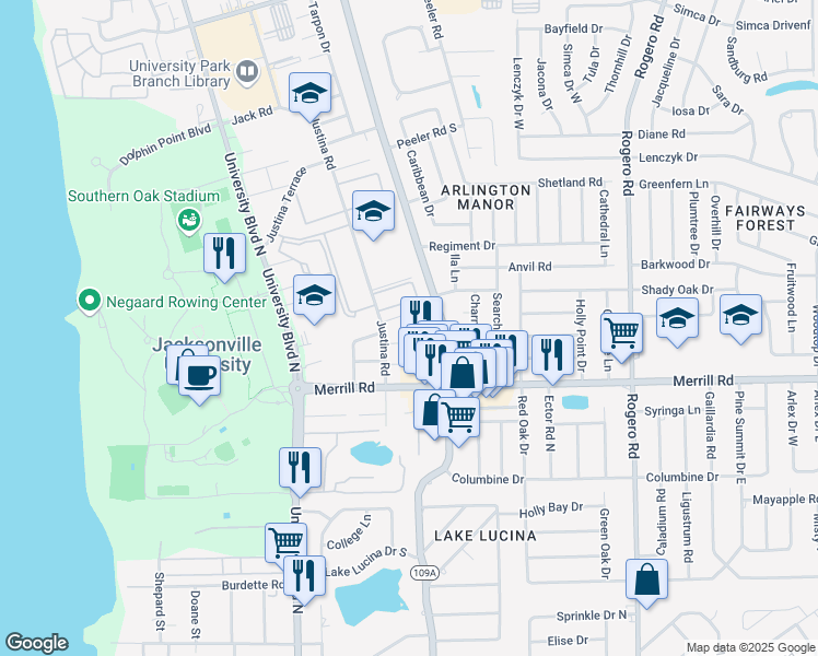 map of restaurants, bars, coffee shops, grocery stores, and more near 5824 Yellow Pine Court in Jacksonville