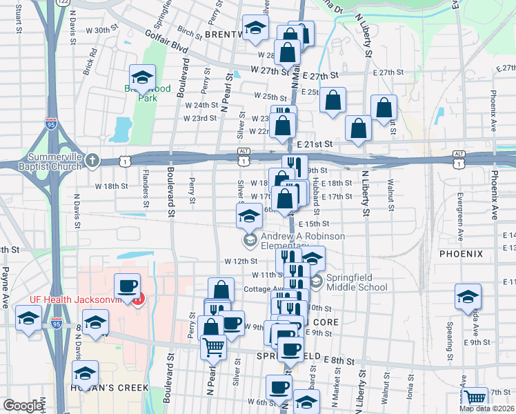 map of restaurants, bars, coffee shops, grocery stores, and more near 102 West 17th Street in Jacksonville