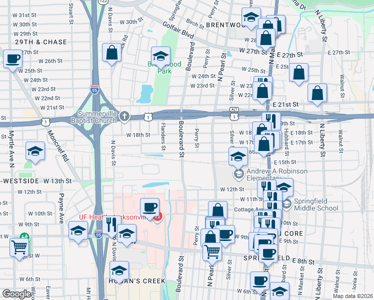 map of restaurants, bars, coffee shops, grocery stores, and more near 2622 Boulevard in Jacksonville