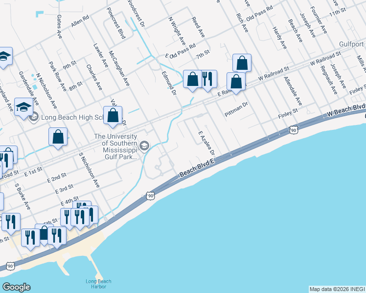 map of restaurants, bars, coffee shops, grocery stores, and more near 6 Chimney Cross in Long Beach