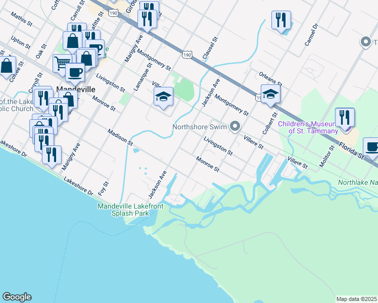 map of restaurants, bars, coffee shops, grocery stores, and more near 514 Castain Drive in Mandeville