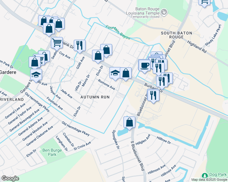map of restaurants, bars, coffee shops, grocery stores, and more near 9135A Ridge Oak Drive in Baton Rouge