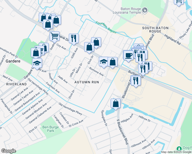 map of restaurants, bars, coffee shops, grocery stores, and more near 9135A Ridge Oak Drive in Baton Rouge