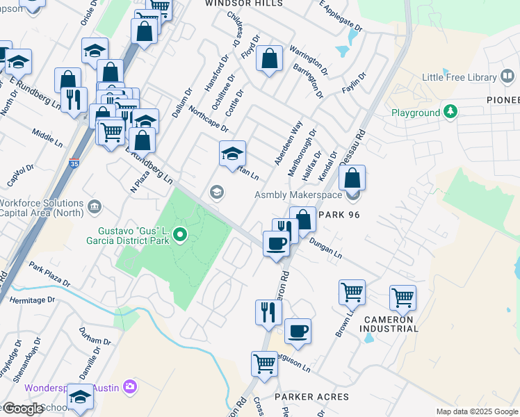 map of restaurants, bars, coffee shops, grocery stores, and more near 1402 Avebury Circle in Austin
