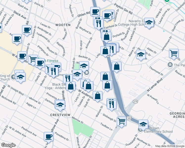 map of restaurants, bars, coffee shops, grocery stores, and more near 8016 Tisdale Drive in Austin