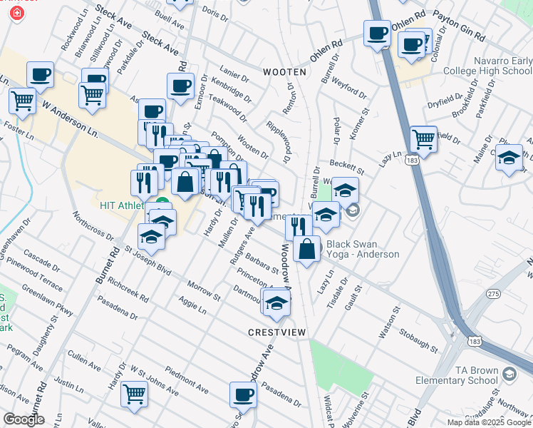 map of restaurants, bars, coffee shops, grocery stores, and more near 1825 Wooten Park Drive in Austin