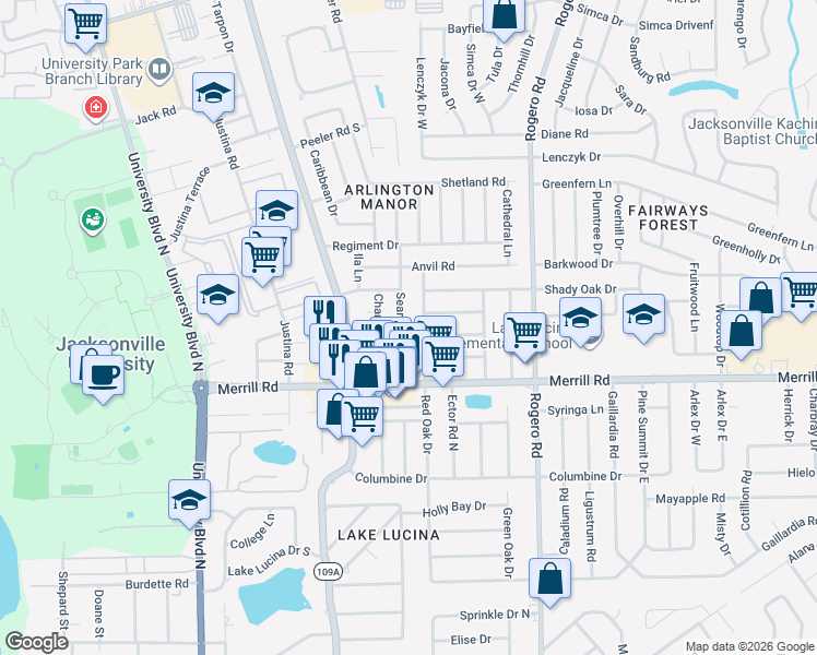 map of restaurants, bars, coffee shops, grocery stores, and more near 2918 Red Oak Drive in Jacksonville