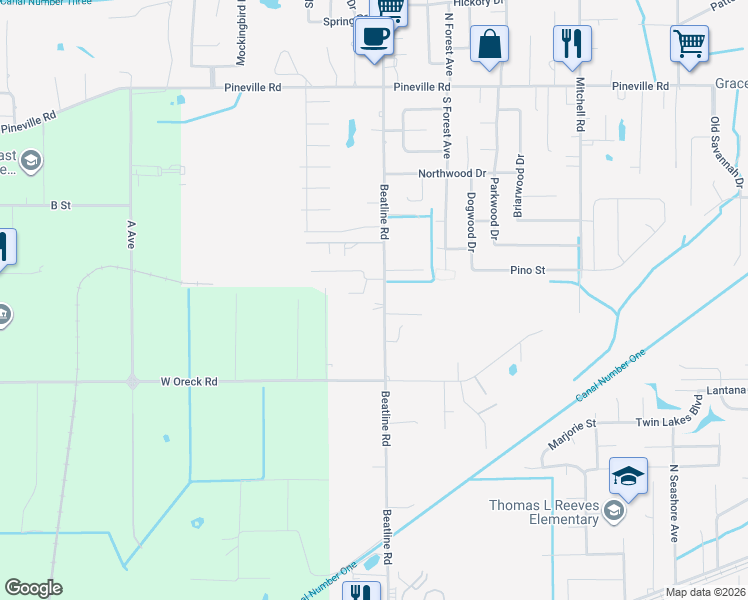 map of restaurants, bars, coffee shops, grocery stores, and more near 4511 Beatline Rd in Long Beach