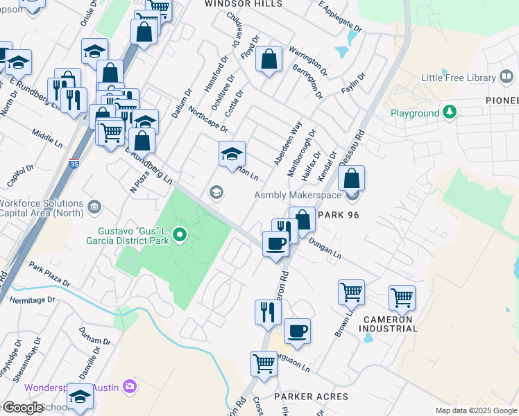 map of restaurants, bars, coffee shops, grocery stores, and more near 1402 Avebury Circle in Austin