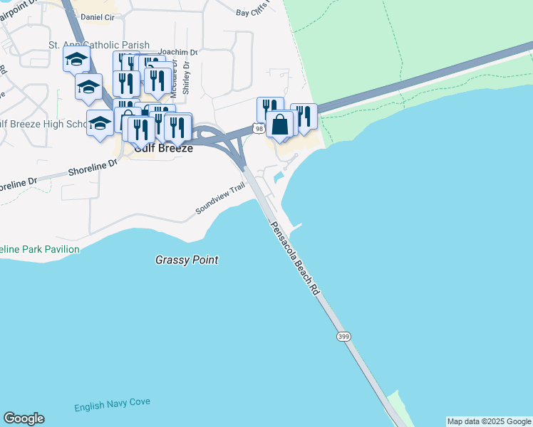map of restaurants, bars, coffee shops, grocery stores, and more near 259 Florida 399 in Gulf Breeze