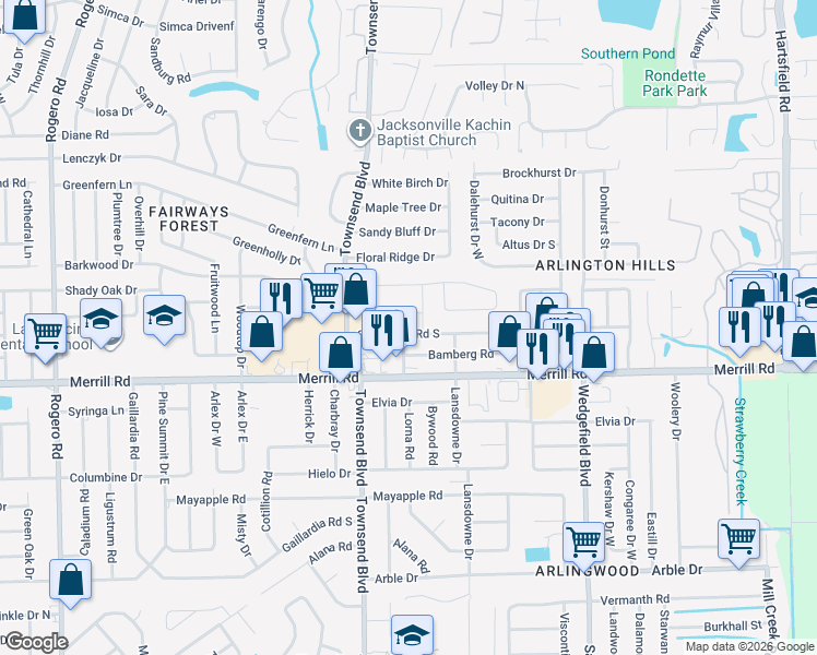 map of restaurants, bars, coffee shops, grocery stores, and more near 7256 Adele Court in Jacksonville