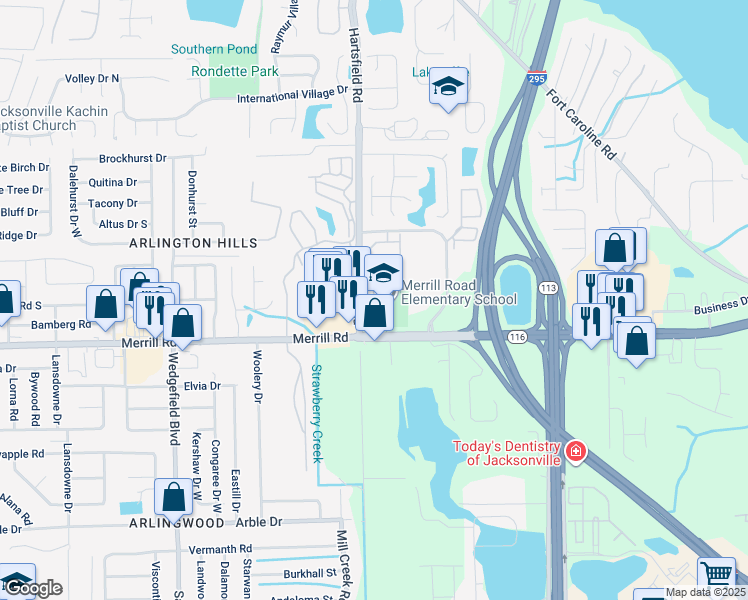 map of restaurants, bars, coffee shops, grocery stores, and more near 8239 Merrill Road in Jacksonville