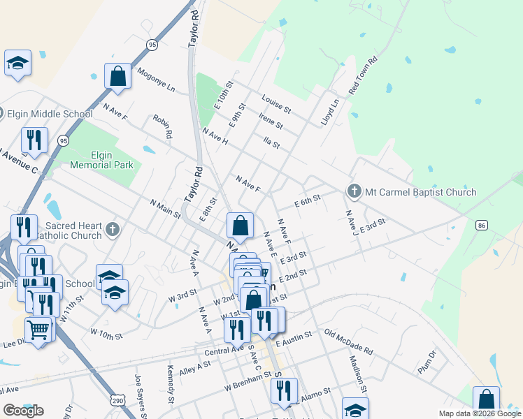 map of restaurants, bars, coffee shops, grocery stores, and more near 300 Lexington Road in Elgin