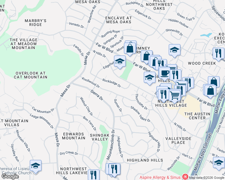 map of restaurants, bars, coffee shops, grocery stores, and more near 3916 Knollwood Drive in Austin