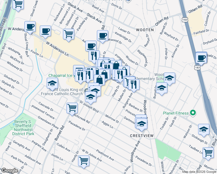 map of restaurants, bars, coffee shops, grocery stores, and more near 2007 West Anderson Lane in Austin