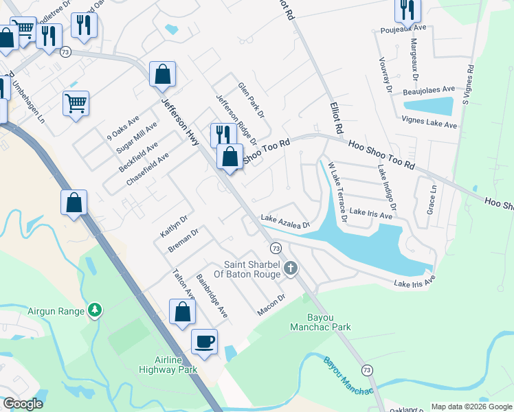 map of restaurants, bars, coffee shops, grocery stores, and more near 18533 Doc Olena Drive in Baton Rouge
