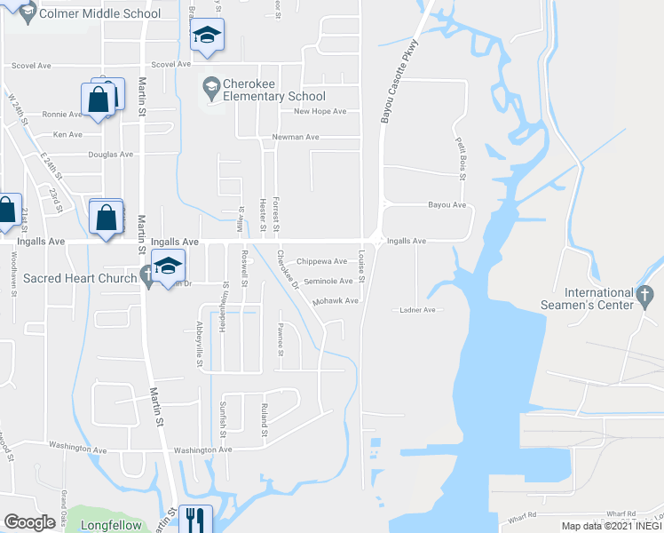 map of restaurants, bars, coffee shops, grocery stores, and more near 4706 Chippewa Avenue in Pascagoula