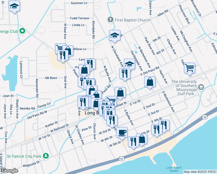 map of restaurants, bars, coffee shops, grocery stores, and more near 181 East Old Pass Road in Long Beach