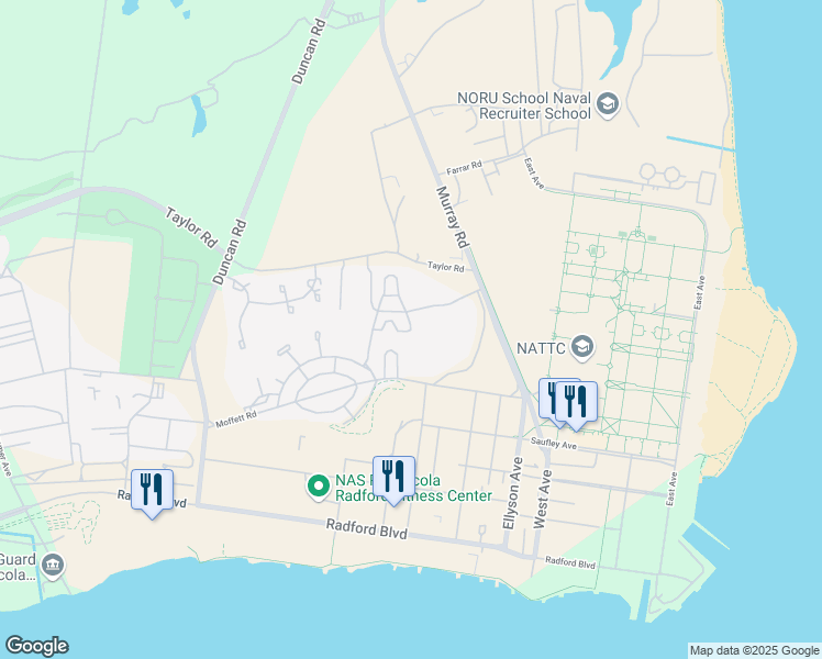 map of restaurants, bars, coffee shops, grocery stores, and more near BOQ Road in Pensacola