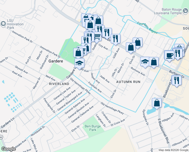 map of restaurants, bars, coffee shops, grocery stores, and more near 1637 Jasper Avenue in Baton Rouge