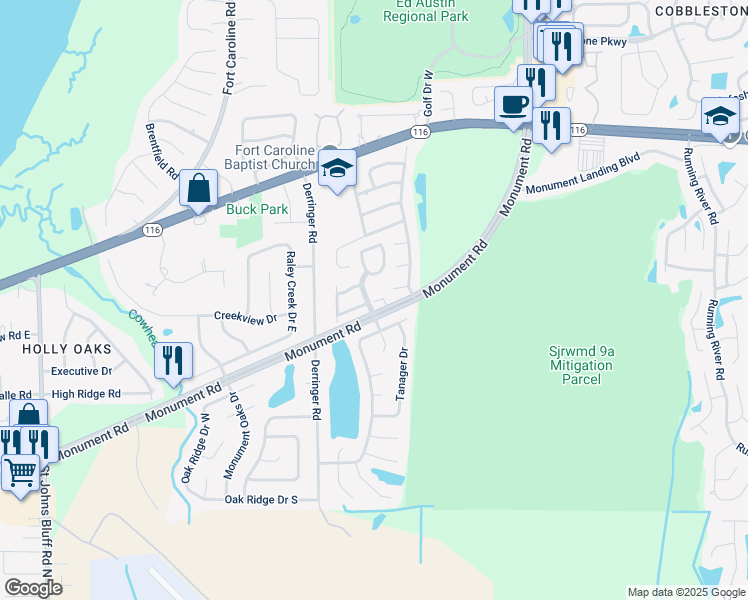 map of restaurants, bars, coffee shops, grocery stores, and more near 11418 White Bay Lane in Jacksonville