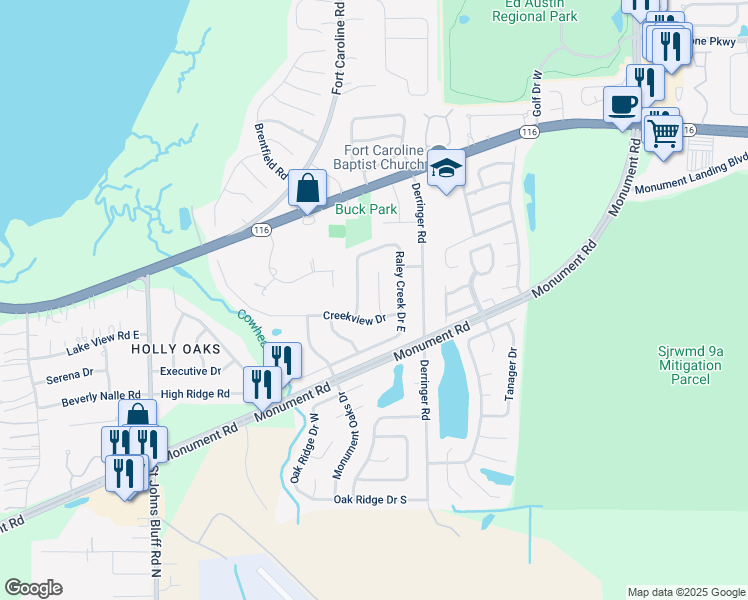 map of restaurants, bars, coffee shops, grocery stores, and more near 1967 Raley Creek Drive West in Jacksonville