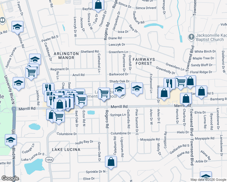 map of restaurants, bars, coffee shops, grocery stores, and more near 6544 Blackwood Drive in Jacksonville