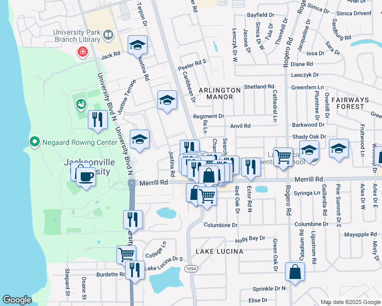 map of restaurants, bars, coffee shops, grocery stores, and more near 2917 Florida 109A in Jacksonville