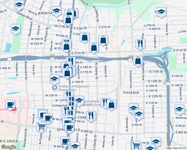 map of restaurants, bars, coffee shops, grocery stores, and more near 2616 North Liberty Street in Jacksonville