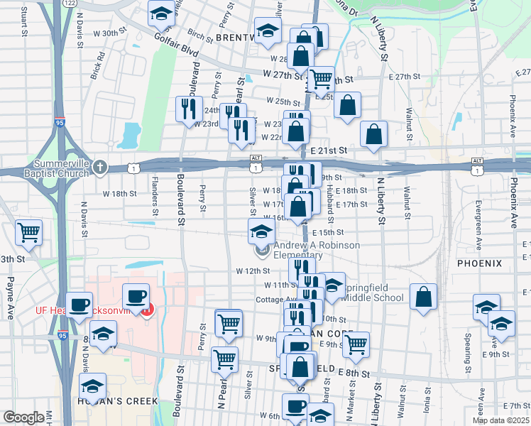 map of restaurants, bars, coffee shops, grocery stores, and more near 102 West 17th Street in Jacksonville